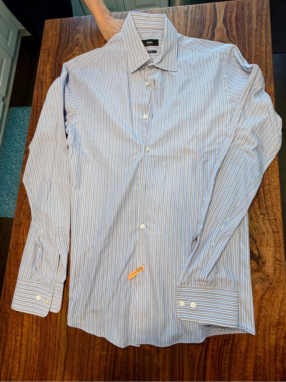 BOSS Men's Blue, White, & Grey Stripe Dress Shirt